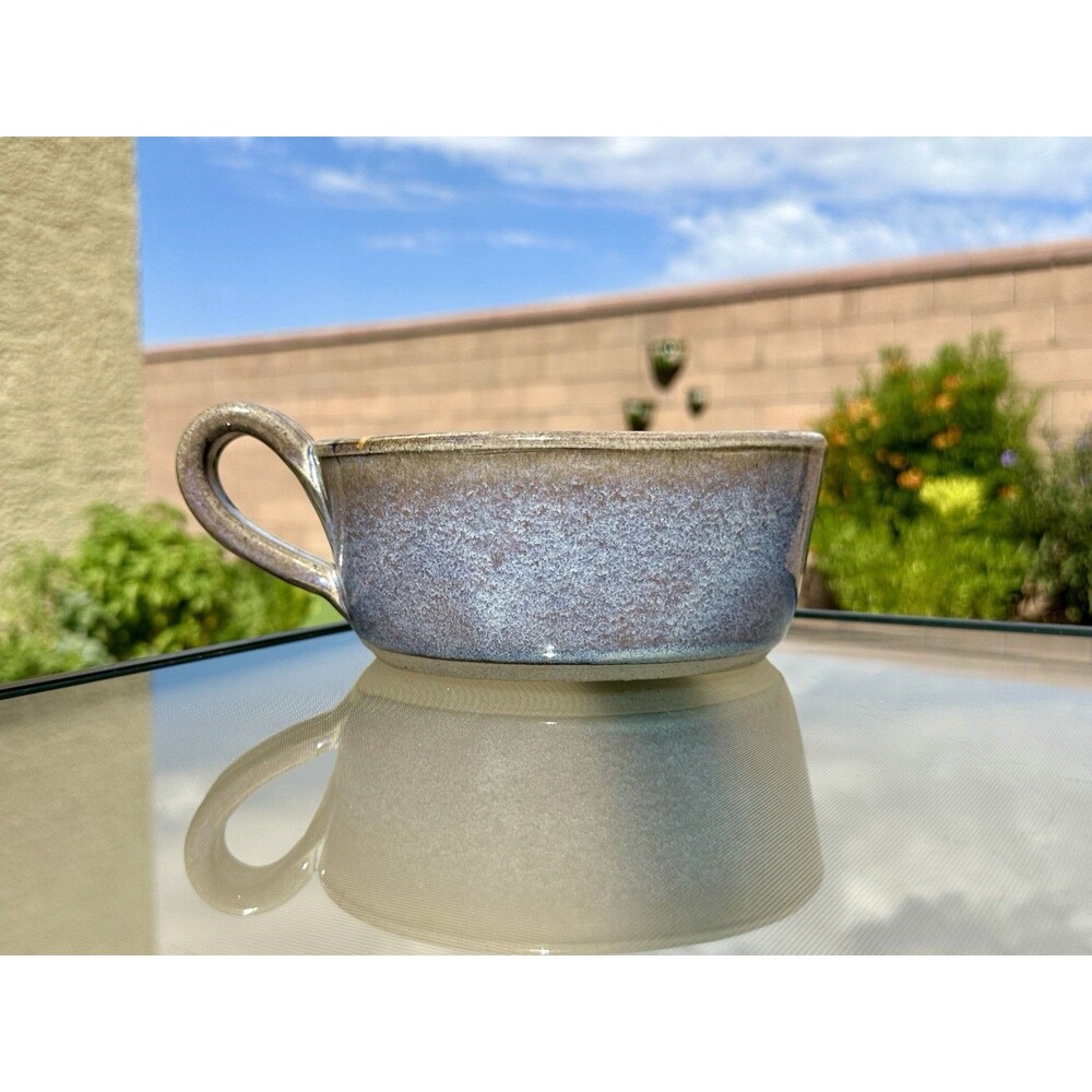 Handmade Stoneware Glazed Soup Chowder Mug Bowl Blue Brown Purple Pottery Signed